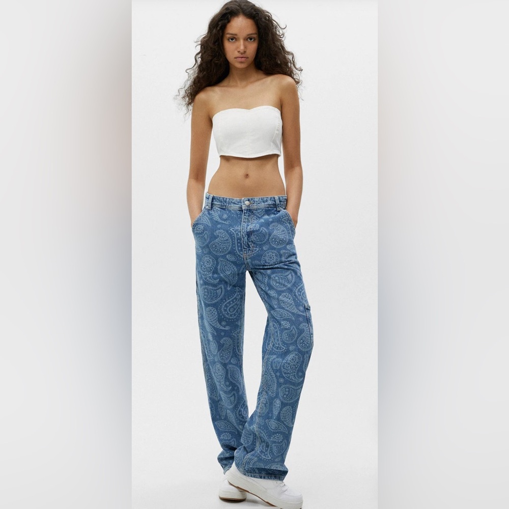 Pull & Bear Paisley Blue Cargo Jeans Sz 0